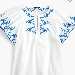 J. Crew White Blouse with Blue Embroidery